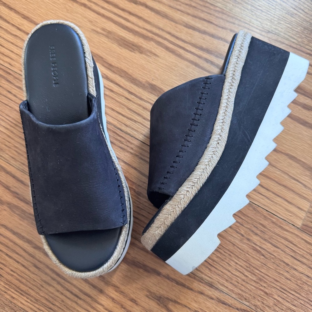 Free People Black Platform Espadrille Slides with White Sole